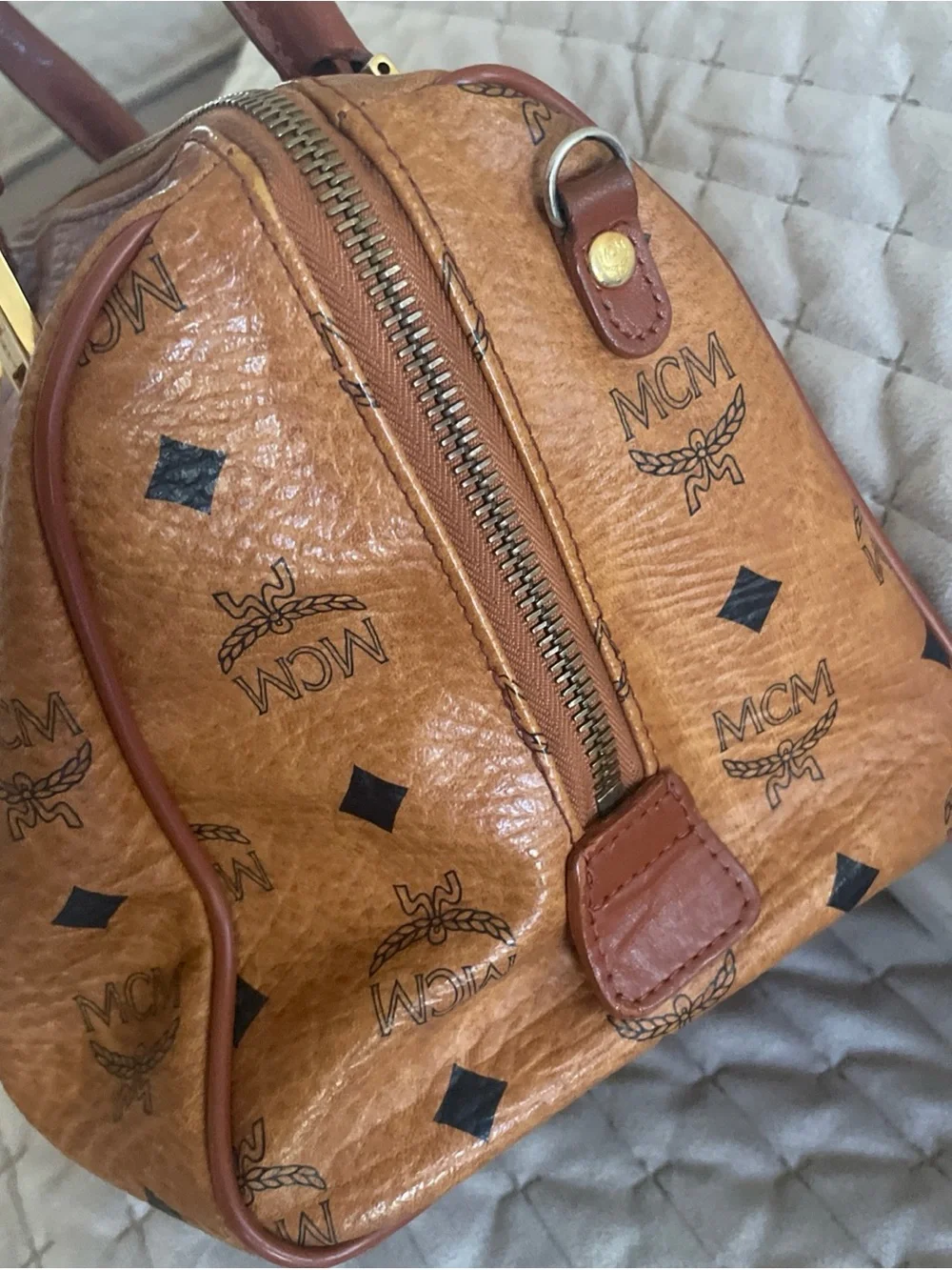 MCM Cognac Visetos Monogram Satchel with Brown Leather Handles